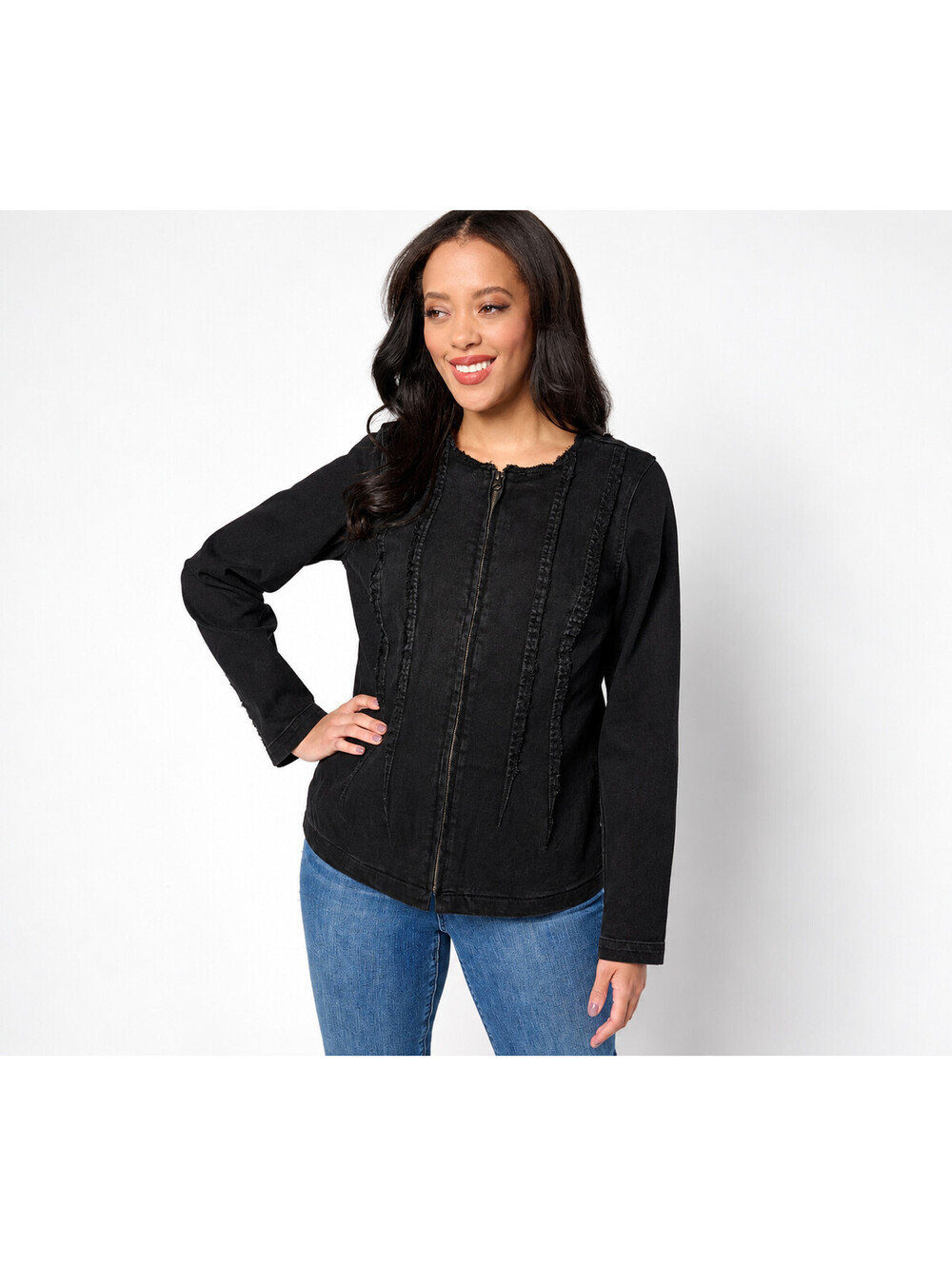 LOGO by Lori Goldstein Stretch Zip-Front Jacket with Seaming Black, Plus 30W
